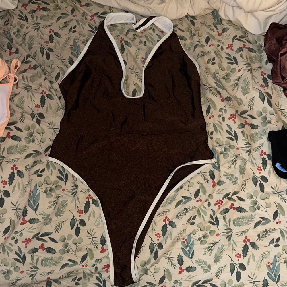 Missguided Brown One Piece with White Trim